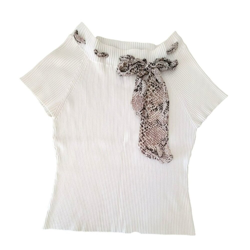 George Womans Cream Rib Knit Top and Vintage Style Accent Scarf size XL  JH1065